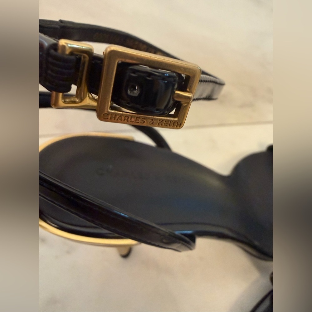Charles & Keith Black Ankle Strap Heels with Gold Heel Minimalist Chic Size 39 - Picture 8 of 13
